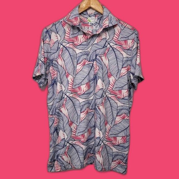Tailorbyrd Other - TailorByrd Tropical Leaf Performance Golf Polo Pink Blue Resort Mens Sz. S